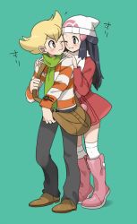 Rule 34 | 1boy, 1girl, bad id, bad pixiv id, bag, barry (pokemon), beanie, behind another, black eyes, black hair, blonde hair, blush, boots, brown eyes, cheek-to-cheek, coat, creatures (company), dawn (pokemon), game freak, green background, green scarf, hands on another&#039;s shoulders, hat, heads together, hetero, leaning on person, long hair, messenger bag, nintendo, nuzzle, one eye closed, pink footwear, pokemon, pokemon dppt, red coat, remotarou, scarf, shoulder bag, simple background, striped clothes, striped sweater, sweater, winter clothes, winter coat