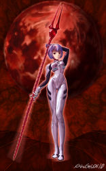 Rule 34 | 00s, 1girl, arm up, ayanami rei, bad id, bad pixiv id, bident, bodysuit, bracer, breasts, calma, copyright name, evangelion: 1.0 you are (not) alone, expressionless, full body, full moon, gloves, hair ornament, holding, holding weapon, lance of longinus (evangelion), looking at viewer, moon, multicolored hair, neon genesis evangelion, pilot suit, plugsuit, polearm, rebuild of evangelion, red eyes, red moon, short hair, skinny, small breasts, solo, spear, standing, thigh gap, thighs, weapon