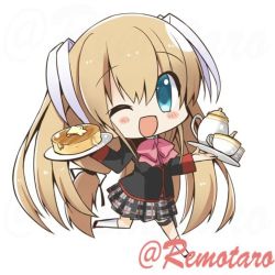Rule 34 | 1girl, black jacket, blazer, blonde hair, blue eyes, bow, bowtie, chibi, commentary, cup, food, grey skirt, hair ribbon, holding, jacket, little busters!, long hair, looking at viewer, pancake, pink bow, pink bowtie, plaid, plaid skirt, pleated skirt, remotaro, ribbon, school uniform, simple background, skirt, solo, tea set, teacup, teapot, tokido saya, tray, twintails, twitter username, white background, white ribbon