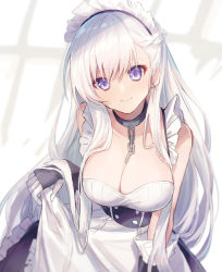 Rule 34 | 1girl, azur lane, bare shoulders, belfast (azur lane), black gloves, braid, breasts, chain, collar, commentary request, coyucom, fingerless gloves, french braid, frills, gloves, highres, large breasts, long hair, looking at viewer, maid, maid headdress, purple eyes, smile, solo, white hair