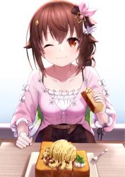 Rule 34 | 1girl, belt buckle, bread, bread slice, brown eyes, buckle, cake, caramel, commentary request, dress, faubynet, food, hair between eyes, hair flaps, hair ornament, hair ribbon, hand on table, highres, hololive, indoors, knife, looking at viewer, medium hair, one eye closed, plate, revision, ribbon, sitting, solo, spoon, star (symbol), star hair ornament, table, tokino sora, tokino sora (casual), virtual youtuber