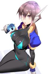 Rule 34 | 1girl, aile (mega man zx), aqua bikini, arched back, arm support, bikini, blue bikini, blue jacket, blush, bodystocking, bodysuit, bracelet, breasts, brown eyes, brown hair, can, capcom, covered erect nipples, cropped jacket, fingerless gloves, from above, gloves, hair between eyes, highres, holding, holding can, inti creates, jacket, jewelry, large breasts, layered sleeves, legs together, long hair, long sleeves, looking up, mega man (series), mega man zx, mega man zx advent, micro bikini, navel, open can, open mouth, pantyhose, pantyhose under shorts, pinky out, ponytail, puffy short sleeves, puffy sleeves, short over long sleeves, short sleeves, shorts, side-tie bikini bottom, sidelocks, simple background, sitting, solo, swimsuit, ukimukai, white background