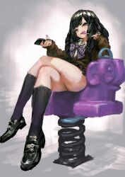 Rule 34 | 1girl, armchair, black footwear, black hair, bow, bowtie, candy, cardigan, chair, collared shirt, commentary request, crossed legs, drill hair, fang, food, full body, glaring, grey eyes, highres, holding, holding phone, jonpei, kneehighs, loafers, lollipop, long hair, looking at viewer, mouth hold, nail polish, original, phone, purple nails, shirt, shoes, sitting, sketch, skirt, sleeves past wrists, socks, solo, spring (object), striped, striped bow, teeth, thighhighs, white shirt