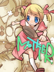 Rule 34 | 1boy, 1girl, ana (mother), blonde hair, blue eyes, blush stickers, clover, cosmic chicken, dress, four-leaf clover, frying pan, hair ribbon, inuinui, lloyd (mother), mother (game), mother 1, musical note, nintendo, quaver, ribbon, smile, teddy (mother), twintails