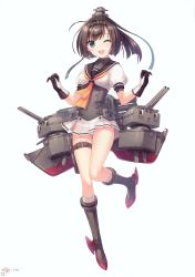Rule 34 | 10s, 1girl, :3, :o, ;d, absurdres, akizuki (kancolle), an2a, black hair, blue eyes, boots, breasts, cannon, chou-10cm-hou-chan, full body, gloves, grey footwear, headband, highres, kantai collection, machinery, one eye closed, open mouth, panties, pantyshot, ponytail, round teeth, school uniform, serafuku, short sleeves, simple background, small breasts, smile, teeth, turret, underwear, white background, white gloves, white panties