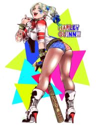 Rule 34 | 1girl, ass, baseball bat, batman (series), blonde hair, boots, breasts, colored tips, dc comics, harley quinn, high heel boots, high heels, lipstick, makeup, multicolored hair, short shorts, shorts, solo, suicide squad, twintails