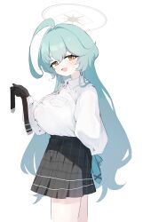 Rule 34 | 1girl, ahoge, black gloves, black skirt, blue archive, buttons, collared shirt, cowboy shot, gloves, green hair, hair between eyes, highres, long hair, long sleeves, looking at viewer, open mouth, pleated skirt, retri, shirt, simple background, skirt, smile, solo, white background, white shirt, yellow eyes, yume (blue archive)