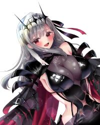 Rule 34 | :d, black dress, black ribbon, blush, breasts, cleavage, clothing cutout, diadem, dress, goddess of victory: nikke, grey hair, hair ribbon, large breasts, long hair, marian (nikke), miatanganbar4, modernia (nikke), modernia (second affection) (nikke), open mouth, purple ribbon, red eyes, ribbon, see-through, see-through cleavage, simple background, smile, white background