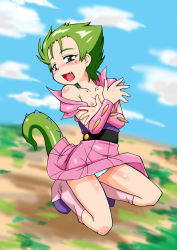 Rule 34 | 1980s (style), 1girl, blush, breasts, cloud, fang, green eyes, green hair, itadakiman, kneeling, looking at viewer, matching hair/eyes, monster girl, nipples, retro artstyle, on ground, onnorefo07, open clothes, open mouth, open shirt, panties, pantyshot, retro artstyle, ryuko (itadakiman), shirt, short hair, skirt, sky, small breasts, smile, solo, tail, tatsunoko production, time bokan (series), underwear, upskirt