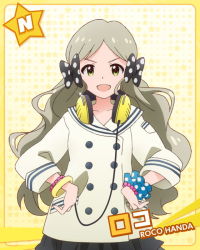 Rule 34 | 10s, 1girl, bow, bracelet, character name, coat, green eyes, grey hair, hair bow, handa roco, headphones, headphones around neck, idolmaster, idolmaster million live!, jewelry, long hair, official art, star (symbol), yellow background, yellow eyes