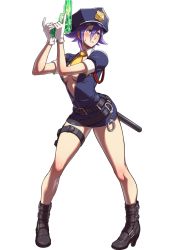 Rule 34 | 1girl, alternate costume, blue eyes, blue hair, blush, boots, breasts, cleavage, full body, gloves, gun, hat, heart, holding, holding gun, holding weapon, legs, love heart (kof), official art, ogura eisuke, police, police hat, police uniform, policewoman, small breasts, snk, snk heroines: tag team frenzy, solo, the king of fighters, thighs, transparent background, uniform, weapon