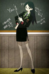 Rule 34 | 00s, 1girl, bespectacled, black hair, chalkboard, classroom, contrapposto, formal, glasses, hand on own hip, indoors, kitsu chiri, long hair, looking at viewer, pantyhose, pencil skirt, pointer, sayonara zetsubou sensei, school, screencap, skirt, skirt suit, solo, stitched, suit, teacher, third-party edit, translation request, uniform