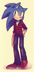 Rule 34 | 1boy, alternate costume, animal ears, artist name, black pants, blue hair, blush, closed mouth, denim, full body, furry, furry male, green eyes, hand on own hip, happy, heart, heel up, jeans, long hair, looking at viewer, male focus, pants, plaid, plaid shirt, red footwear, red shirt, shirt, shoes, sideways mouth, simple background, sleeves rolled up, smile, solo, sonic (series), sonic the hedgehog, spacecolonie, standing, tumblr username, yellow background