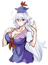 Rule 34 | ^^^, 1girl, blue dress, blue hair, breasts, cleavage, closed mouth, collarbone, curvy, dress, fanning face, hat, jonylaser, kamishirasawa keine, large breasts, long hair, looking at viewer, multicolored hair, neckerchief, puffy short sleeves, puffy sleeves, red eyes, short sleeves, solo, touhou, two-tone hair, upper body, very long hair, white background, white hair