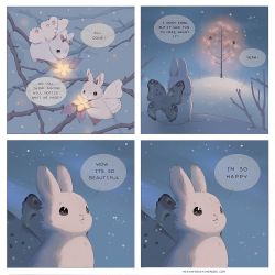 Rule 34 | artist name, bare tree, border, bug, butterfly, english text, flower, glowing, heatheroooooos, highres, holding, holding flower, insect, no humans, original, rabbit, snow, snowing, speech bubble, tree, watermark, web address, white border, wings