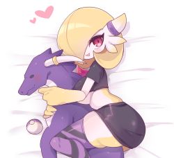 Rule 34 | 1girl, aliceyawnin, alternate color, alternate shiny pokemon, bed sheet, between legs, black shirt, black skirt, blonde hair, bob cut, breasts, colored skin, creatures (company), crop top, female focus, from above, game freak, gardevoir, gen 3 pokemon, hair over one eye, happy, heart, highres, hugging object, large breasts, looking at viewer, lying, miniskirt, multicolored skin, nintendo, on side, open mouth, pencil skirt, poke ball, pokemon, pokemon (creature), purple thighhighs, red eyes, shiny clothes, shirt, short hair, short sleeves, simple background, skindentation, skirt, smile, solo, striped clothes, striped thighhighs, stuffed animal, stuffed dragon, stuffed toy, thighhighs, thighs, two-tone skin, underboob, white background, white skin, yellow skin, zettai ryouiki