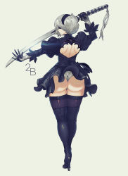 Rule 34 | 1girl, ass, back, back cutout, black dress, black footwear, black gloves, black thighhighs, blindfold, butcherboy, clothing cutout, dress, from behind, full body, gloves, green background, hairband, high heels, highres, nier (series), nier:automata, puffy sleeves, short hair, silver hair, simple background, solo, standing, sword, thighhighs, weapon, wide hips, 2b (nier:automata)