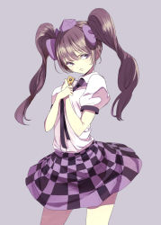 Rule 34 | 1girl, brown hair, cellphone, checkered clothes, checkered skirt, hat, highres, himekaidou hatate, long hair, miya9, phone, purple background, purple eyes, short sleeves, simple background, skirt, solo, tokin hat, touhou, twintails