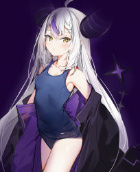Rule 34 | 1girl, ahoge, bare shoulders, black jacket, blush, breasts, collarbone, commentary, cowboy shot, demon horns, hair between eyes, highres, hololive, holox, horns, jacket, la+ darknesss, long hair, looking at viewer, multicolored hair, purple background, purple hair, school swimsuit, silver (chenwen), silver hair, simple background, small breasts, solo, standing, streaked hair, striped horns, swimsuit, swimsuit cover-up, very long hair, virtual youtuber, yellow eyes