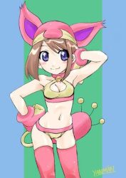 Rule 34 | 1girl, armpits, bare shoulders, bell, bikini, blue eyes, blush stickers, breasts, brown hair, cleavage, collar, cosplay, costume, creatures (company), game freak, gen 3 pokemon, gloves, hat, may (pokemon), navel, neck bell, nintendo, pokemon, skitty, skitty (cosplay), smile, solo, swimsuit, tail, thighhighs
