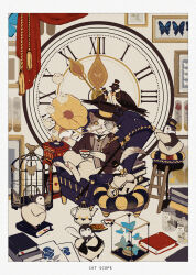 Rule 34 | analog clock, armchair, bird, birdcage, black-framed eyewear, black headwear, black jacket, blue butterfly, book, book stack, border, bug, butterfly, buttons, cage, cat, chair, clock, coattails, collared shirt, cookie, crow, cup, curtains, english text, food, furry, grey jacket, grey vest, hat, highres, holding, holding cup, holding smoking pipe, indoors, insect, jacket, ladder, long sleeves, looking at viewer, monocle, mouth hold, no humans, open clothes, open jacket, original, penguin, phonograph, round eyewear, shirt, sitting, smoking, smoking pipe, solid eyes, striped clothes, striped vest, tachibana kai, tea, teacup, teapot, top hat, two-sided fabric, two-sided jacket, vertical-striped clothes, vertical-striped vest, vest, white border, white shirt, yellow eyes