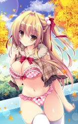 Rule 34 | 1girl, autumn, autumn leaves, blonde hair, blush, bra, braid, breasts, brown eyes, cameltoe, capelet, cleavage, frilled bra, frilled panties, frills, hair bobbles, hair ornament, hair ribbon, highres, jewelry, large breasts, long hair, looking at viewer, nanaroba hana, navel, necklace, original, panties, pink bra, pink panties, ribbon, smile, solo, standing, thigh gap, thighhighs, underwear, white thighhighs