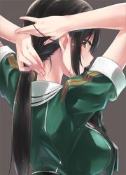 Rule 34 | 10s, 1girl, adjusting hair, black hair, blush, breasts, brown background, chikuma (kancolle), close-up, hair tie, kantai collection, koruri, large breasts, long hair, nape, simple background, solo, upper body, watermark, web address, yellow eyes