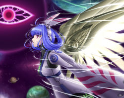 Rule 34 | 1girl, alfa system, amane (funfun), android, angel wings, blue hair, blunt bangs, dress, expressionless, flying, hair rings, hairband, headgear, long sleeves, mechanical wings, phantasy star, phantasy star portable, phantasy star universe, planet, profile, red eyes, science fiction, short hair, solo, space, star (sky), star (symbol), starry background, vivienne (phantasy star), wide sleeves, wings