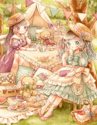 Rule 34 | 2girls, apple, apron, aqua bow, aqua dress, aqua hair, blush, boater hat, book, book stack, bow, bread, brown headwear, bunting, cake, chocolate cake, closed mouth, cup, cutting board, day, dress, floral print, flower, food, forest, fork, frilled apron, frilled dress, frilled pillow, frilled ribbon, frilled sleeves, frilled socks, frills, fruit, gradient hair, grass, grey hair, hair bow, hand on own cheek, hand on own face, hat, hat flower, hat ribbon, holding, holding food, juliet sleeves, leaf, light blue ribbon, long hair, long sleeves, looking at viewer, maid apron, multicolored hair, multiple girls, multiple hair bows, nature, original, outdoors, painting (medium), picnic, picnic basket, pie, pie slice, pillow, pink bow, pink flower, pink footwear, pink rose, plate, puffy short sleeves, puffy sleeves, purple bow, purple dress, purple eyes, purple hair, ribbon, rose, rose print, sailor collar, sailor dress, sakano machi, sandwich, short sleeves, sitting, smile, socks, stuffed animal, stuffed rabbit, stuffed toy, table, tablecloth, tea party, teacup, teapot, teddy bear, tent, tiered tray, traditional media, tree, upturned eyes, watercolor (medium), white apron, white bow, white dress, white flower, white sailor collar, white socks