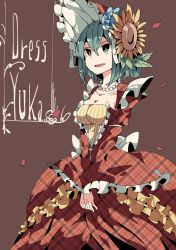 Rule 34 | 1girl, :d, alternate costume, aoi kujira, bad id, bad twitter id, bright pupils, character name, corset, dress, flower, green eyes, green hair, hair between eyes, hat, jewelry, kazami yuuka, matching hair/eyes, necklace, open mouth, petals, plaid, plaid dress, short hair, smile, solo, sunflower, touhou, white pupils