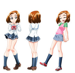Rule 34 | 1girl, :d, ^ ^, arms behind back, blue socks, bow, brown eyes, brown hair, buttons, camisole, casual, character sheet, child, chisato (mahotama), clenched hand, closed eyes, erogos, eyebrows, finger to mouth, flat chest, from behind, hair ornament, hairclip, hand on own chest, happy, kneehighs, kneepits, laughing, legs, loafers, long legs, looking at viewer, looking back, mahotama, maki daikichi, miniskirt, multiple views, no nose, official art, open mouth, own hands together, pencil skirt, pleated skirt, school uniform, serafuku, shirt, shoes, short hair, side slit, skirt, sleeve cuffs, smile, sneakers, socks, standing, sweater, swept bangs, t-shirt, thick eyebrows, turnaround, v arms