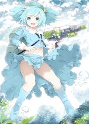 Rule 34 | 1girl, :d, absurdres, backpack, bag, blue eyes, blue hair, boots, hair bobbles, hair ornament, hat, highres, kawashiro nitori, key, legs, long sleeves, looking at viewer, matching hair/eyes, midriff, mikoma sanagi, navel, no panties, open mouth, short hair, skirt, smile, solo, super soaker, touhou, trigger discipline, twintails, two side up, underwater, weapon