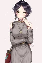 Rule 34 | 1girl, bag, bag charm, bare shoulders, belt, belt buckle, black hair, blush, breasts, buckle, charm (object), clothing cutout, cowboy shot, dress, finger to mouth, fingernails, forehead, grey background, grey dress, handbag, hayami kanade, highres, idolmaster, idolmaster cinderella girls, jewelry, long fingernails, long sleeves, looking at viewer, mairo, medium breasts, nail polish, necklace, parted bangs, parted lips, pendant, red nails, short hair, shoulder cutout, signature, simple background, smile, solo, striped clothes, striped dress, vertical-striped clothes, vertical-striped dress, watch, wristwatch, yellow eyes