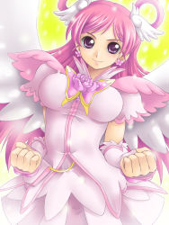 Rule 34 | 00s, 1girl, angel wings, breasts, bug, butterfly, clenched hand, clenched hands, cure dream, dress, earrings, flower, hair rings, head wings, bug, jewelry, long hair, magical girl, pink flower, pink hair, pink rose, pink theme, precure, purple eyes, rose, shining dream, smile, solo, wings, yaso shigeru, yes! precure 5, yumehara nozomi
