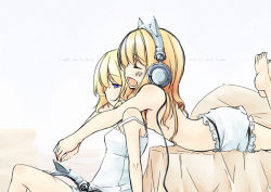 Rule 34 | 2girls, alice margatroid, animal ear headphones, animal ears, arm support, arms around neck, bare shoulders, barefoot, bed, blonde hair, blue eyes, blush, camisole, cat ear headphones, cat ears, chemise, closed eyes, fake animal ears, female focus, flat chest, from behind, hands together, happy, headphones, headphones removed, hug, hug from behind, kirisame marisa, leg lift, leg up, legs, long hair, lying, multiple girls, on floor, on stomach, open mouth, pillow, reference work, sakuraba yuuki, short hair, shorts, sitting, sleepy, smile, strap slip, topless, touhou, yawning, yuri