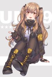 Rule 34 | 1girl, armband, black bow, black footwear, black gloves, black jacket, black pantyhose, black ribbon, black scarf, black skirt, boots, bow, brown hair, character name, collared shirt, commentary, cross-laced footwear, fingerless gloves, girls&#039; frontline, gloves, hair bow, hair ornament, hairclip, jacket, knee pads, lace-up boots, long hair, looking at viewer, miniskirt, neck ribbon, open clothes, open jacket, open mouth, pantyhose, pleated skirt, ribbon, scar, scar across eye, scar on face, scarf, shirt, sitting, skirt, smile, solo, thighband pantyhose, totonii (totogoya), twintails, ump9 (girls&#039; frontline), white shirt