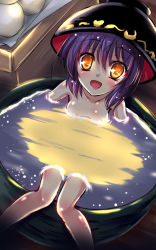 Rule 34 | 1girl, bathing, bowl, bowl hat, collarbone, full moon, hat, in bowl, in container, mini person, minigirl, moon, night, nude, open mouth, purple hair, reflection, smile, solo, sukuna shinmyoumaru, touhou, yamu (reverse noise), yellow eyes