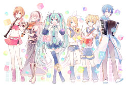 Rule 34 | 2boys, 4girls, accordion, ahoge, bass clef, beamed quavers, belt, black footwear, blonde hair, blue hair, boots, brown hair, clarinet, closed eyes, cross-laced footwear, green eyes, green hair, grin, hair ornament, hair ribbon, hairclip, hatsune miku, headset, inko (mini), instrument, kagamine len, kagamine rin, kaito (vocaloid), knee boots, lace-up boots, long hair, magical mirai (vocaloid), megurine luka, meiko (vocaloid), midriff, multiple boys, multiple girls, music, musical note, navel, necktie, one eye closed, open mouth, pink hair, playing instrument, quaver, quaver rest, ribbon, sharp sign, short hair, shorts, skirt, smile, tattoo, thigh boots, thighhighs, treble clef, trumpet, twintails, very long hair, vocaloid, wand, white background, yellow footwear