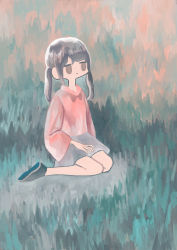 Rule 34 | 1girl, :|, absurdres, black footwear, black hair, blouse, bow, brown eyes, closed mouth, conbini marina, expressionless, full body, grass, grey skirt, hand on lap, highres, jitome, light frown, long hair, long sleeves, looking away, low twintails, no nose, no pupils, no socks, on grass, on ground, original, outdoors, pink shirt, scenery, shirt, shoe soles, shoes, sitting, skirt, solo, swept bangs, twintails, wide sleeves