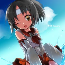 Rule 34 | &gt; o, 10s, 1girl, bare shoulders, black hair, character name, cloud, cloudy sky, commentary request, day, elbow gloves, gloves, headband, kamiyoshi rika, kantai collection, nagara (kancolle), one eye closed, one side up, open mouth, pleated skirt, school uniform, serafuku, short hair, side ponytail, skirt, sky, solo, sweat, white legwear, yellow eyes
