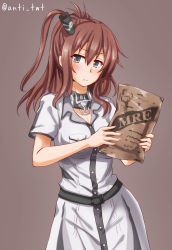 Rule 34 | 1girl, anti (untea9), belt, blouse, blue eyes, blush, breasts, brown hair, cleavage, closed mouth, dress, field ration, grey belt, grey neckerchief, hair between eyes, highres, kantai collection, large breasts, long hair, looking at viewer, neckerchief, ponytail, purple background, saratoga (kancolle), saratoga mk ii (kancolle), shirt, short sleeves, side ponytail, simple background, smokestack hair ornament, solo, twitter username, unamused, upper body, white dress, white shirt