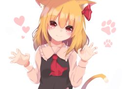 Rule 34 | 1girl, animal ears, arms up, ascot, black vest, blonde hair, blush, cat ears, cat tail, claw pose, commentary, hair between eyes, hair ribbon, head tilt, heart, heart background, iroha (pcrx7327), kemonomimi mode, long sleeves, looking at viewer, paw print, paw print background, pink shirt, red ascot, red eyes, ribbon, rumia, shirt, short hair, smile, solo, standing, tail, touhou, upper body, vest, white background