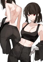 Rule 34 | 1girl, absurdres, backboob, bandaged arm, bandages, black hair, black pants, black tank top, breasts, high ponytail, highres, limbus company, looking at viewer, medium hair, multiple views, pants, project moon, red eyes, rw0419, ryoshu (project moon), scar, scar on back, simple background, tank top, topless, white background