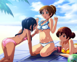 Rule 34 | 00s, 3girls, :o, all fours, arm support, ass, bare arms, bare shoulders, barefoot, beach, bikini, black hair, blush, breast envy, breast poke, breasts, brown eyes, brown hair, cleavage, cloud, collarbone, dark-skinned female, dark skin, day, drinking, drinking straw, hands up, hirasawa ui, jitome, k-on!, long hair, looking at another, lying, multiple girls, nakano azusa, navel, ocean, on stomach, open mouth, outdoors, pink bikini, poking, ponytail, round teeth, seiza, shian (my lonly life.), short hair, short twintails, sitting, sky, small breasts, surprised, surprised arms, suzuki jun, sweat, sweatdrop, swimsuit, tan, teeth, twintails, water