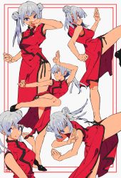 Rule 34 | 1girl, absurdres, bad id, bad twitter id, bare arms, bare shoulders, black footwear, blue eyes, breasts, closed mouth, dark-skinned female, dark skin, double bun, dress, fighting stance, hair bun, highres, leg up, legs, medium breasts, multiple views, original, pelvic curtain, red dress, shoes, silver hair, smile, standing, standing on one leg, twintails, you (nanban319)