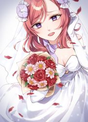 Rule 34 | 1girl, artist name, artist request, blush, bouquet, bow, breasts, choker, collarbone, dress, elbow gloves, female focus, flower, gloves, hair between eyes, hair flower, hair ornament, half-closed eyes, highres, holding, holding bouquet, holding flower, looking at viewer, love live!, love live! school idol project, bowtie, nishikino maki, parted lips, petals, playing with own hair, purple bow, purple choker, purple eyes, purple flower, red hair, red petals, short hair, skirt, smile, solo, sparkle, veil, wedding dress, white dress, white gloves, white skirt, white veil