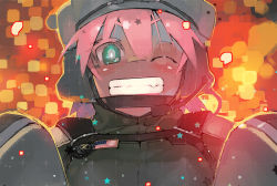 Rule 34 | 1girl, ;d, american flag, battlefield (series), battlefield 4, colored eyelashes, eyelashes, gradient background, green eyes, grin, looking at viewer, microphone, namaniku atk, one eye closed, open mouth, pink hair, smile, solo, teeth