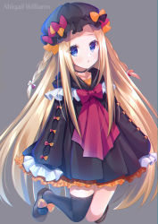 Rule 34 | 1girl, abigail williams (fate), asymmetrical legwear, black bow, black choker, black dress, black hat, black thighhighs, blonde hair, blue eyes, bow, braid, brown footwear, character name, choker, collarbone, commentary request, dress, fate/grand order, fate (series), forehead, full body, grey background, hair bow, hat, highres, ko yu, long hair, long sleeves, looking at viewer, mob cap, orange bow, parted bangs, parted lips, shoes, side braids, simple background, single thighhigh, sleeves past fingers, sleeves past wrists, solo, thighhighs, twin braids, uneven legwear, very long hair