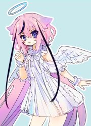 Rule 34 | 1girl, alternate costume, angel, angel wings, bare shoulders, black hair, blue background, blue eyes, clenched hand, closed mouth, clothing cutout, cowboy shot, dress, frilled bracelet, hair flaps, halo, hand up, highres, hikimayu, ishitsuki ( 0101 831), leaning forward, long hair, looking at viewer, meika hime, multicolored hair, neck ribbon, one-hour drawing challenge, outline, pink hair, pink nails, purple hair, ribbon, short dress, shoulder cutout, simple background, solo, streaked hair, very long hair, vocaloid, wavy mouth, white dress, white outline, white ribbon, wings