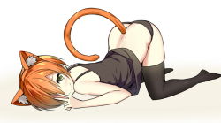 Rule 34 | 10s, 1girl, animal ears, ass, black thighhighs, brown hair, butt crack, cat ears, cat tail, green eyes, hair over one eye, highres, hoshizora rin, kemonomimi mode, looking at viewer, love live!, love live! school idol project, panties, short hair, sketch, sky-freedom, smile, solo, tail, tank top, thighhighs, top-down bottom-up, underwear, underwear only